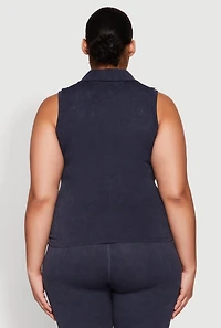 Womens Plus Size Mineral Wash Ribbed Knit Johnny Collar Top, Blue, Size 1X-2X