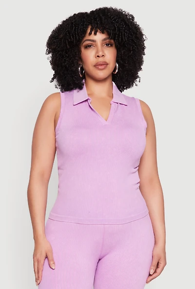 Womens Plus Size Mineral Wash Ribbed Knit Johnny Collar Top, Purple, Size 2X-3X