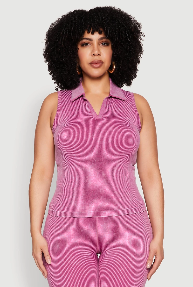 Womens Plus Size Mineral Wash Ribbed Knit Johnny Collar Top, Purple, Size 1X-2X