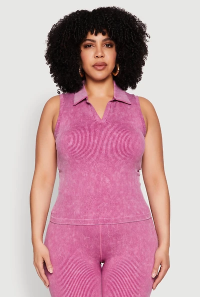 Womens Plus Size Mineral Wash Ribbed Knit Johnny Collar Top, Purple, Size 1X-2X