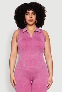 Womens Plus Size Mineral Wash Ribbed Knit Johnny Collar Top, Purple, Size 1X-2X