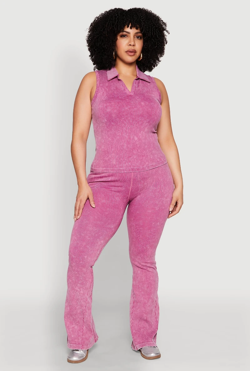 Womens Plus Size Mineral Wash Ribbed Knit Johnny Collar Top, Purple, Size 1X-2X