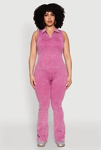 Womens Plus Mineral Wash Ribbed Knit Johnny Collar Top, Purple,