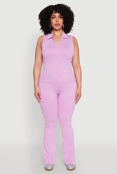 Womens Plus Size Mineral Wash Ribbed Knit Boot Cut Pants, Purple, Size 2X-3X
