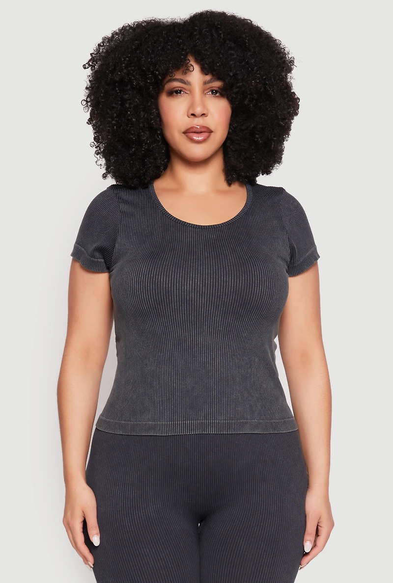 Womens Plus Size Compression Rib Seamless Mineral Wash Top, Black, Size 1X-2X