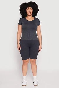 Womens Plus Size Compression Rib Seamless Mineral Wash Top, Black, Size 1X-2X