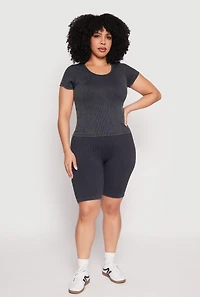 Womens Plus Size Compression Rib Seamless Mineral Wash Top, Black, Size 1X-2X
