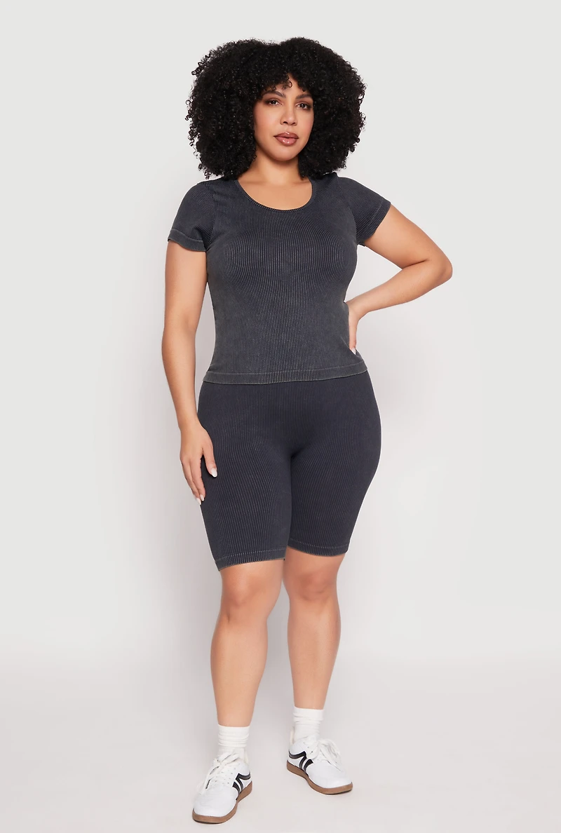 Womens Plus Size Compression Rib Seamless Mineral Wash Top, Black, Size 2X-3X