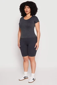 Womens Plus Size Compression Rib Seamless Mineral Wash Top, Black, Size 1X-2X