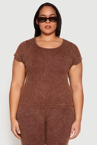 Womens Plus Compression Rib Seamless Mineral Wash Top, 1X-2X