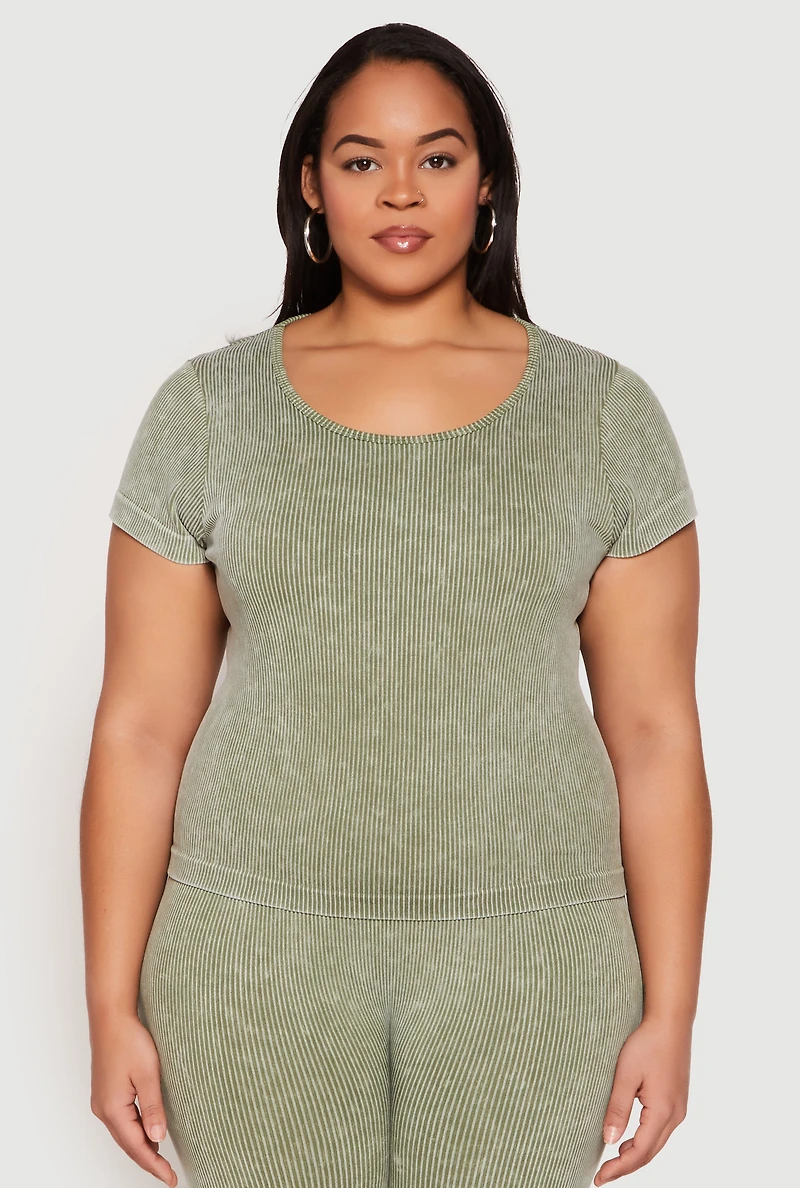 Womens Plus Size Compression Rib Seamless Mineral Wash Top, Green, Size 1X-2X