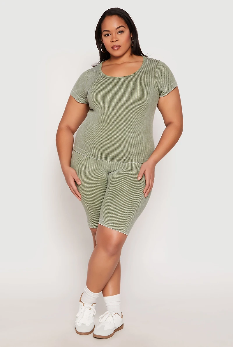 Womens Plus Size Compression Rib Seamless Mineral Wash Top, Green, Size 1X-2X