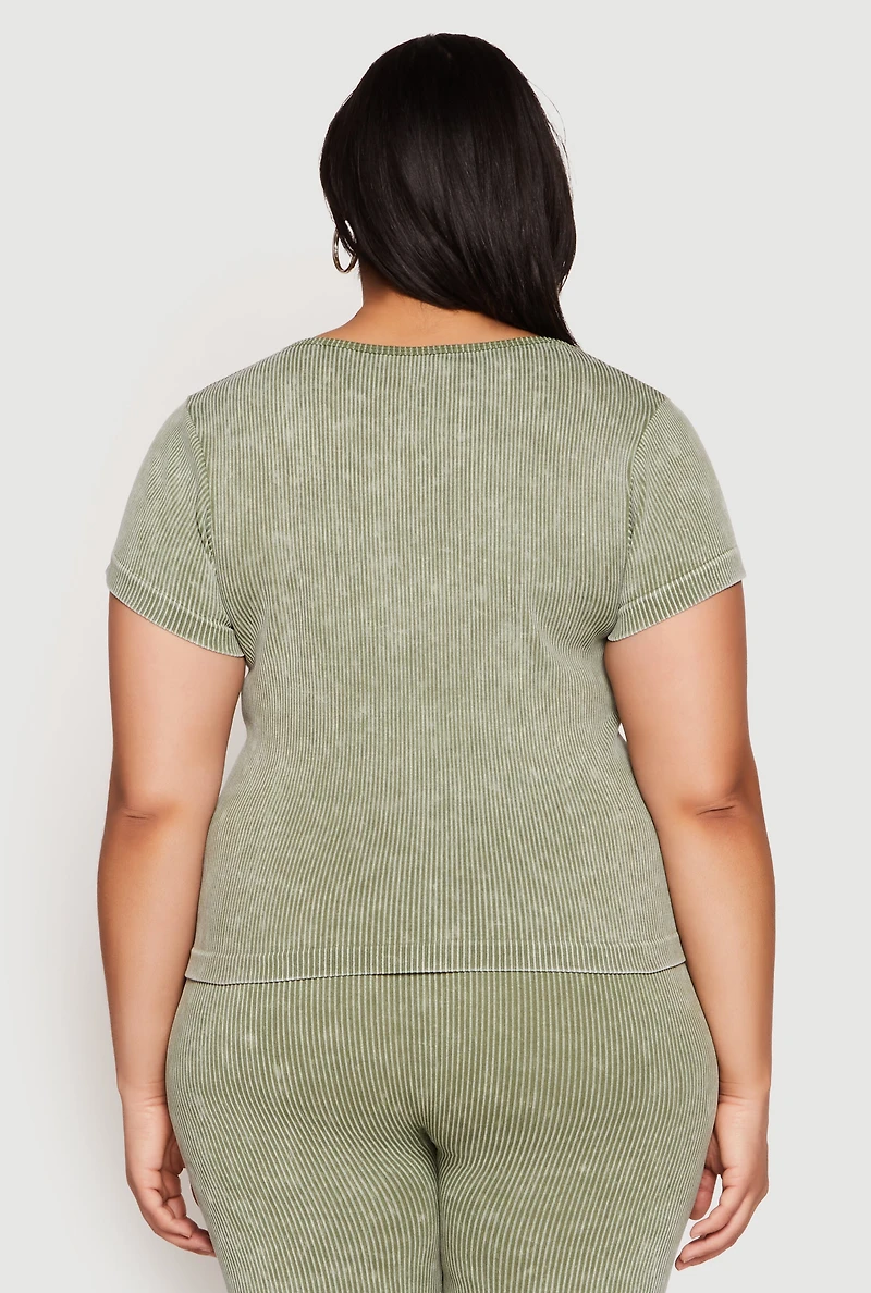 Womens Plus Size Compression Rib Seamless Mineral Wash Top, Green, Size 1X-2X