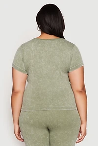 Womens Plus Size Compression Rib Seamless Mineral Wash Top, Green, Size 1X-2X