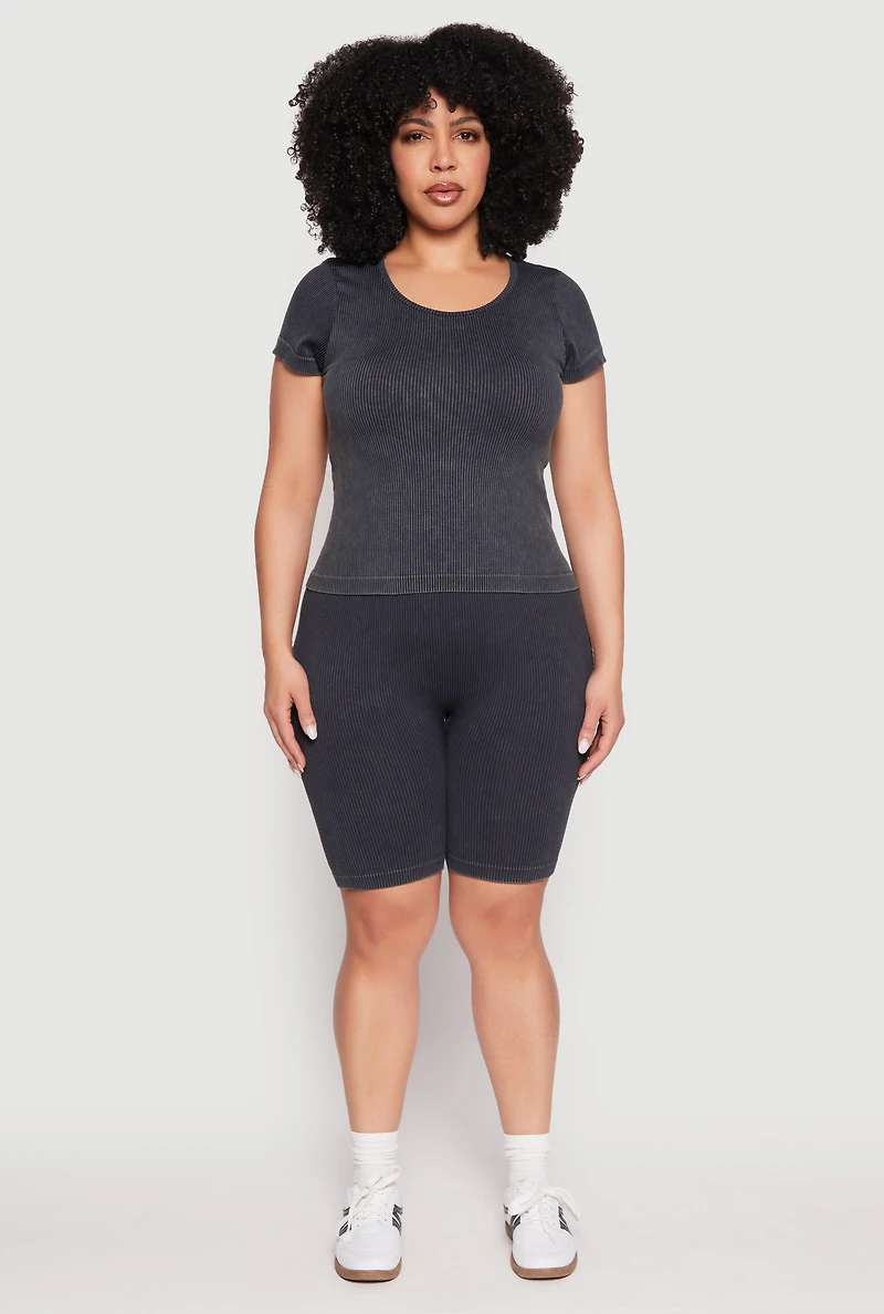 Womens Plus Seamless Mineral Wash Biker Shorts, Black,