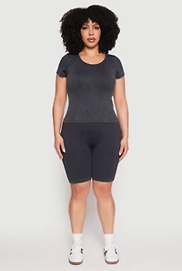 Womens Plus Size Seamless Mineral Wash Biker Shorts, Black, Size 1X-2X