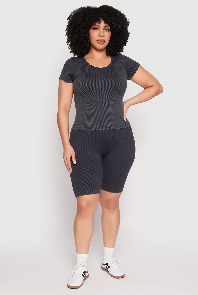 Womens Plus Seamless Mineral Wash Biker Shorts, Black,