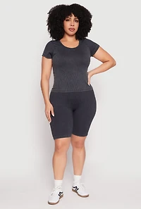 Womens Plus Size Seamless Mineral Wash Biker Shorts, Black, Size 1X-2X