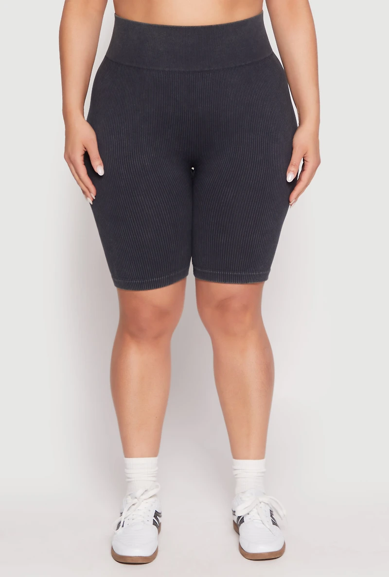 Womens Plus Seamless Mineral Wash Biker Shorts, Black,