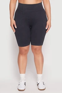 Womens Plus Seamless Mineral Wash Biker Shorts, Black,