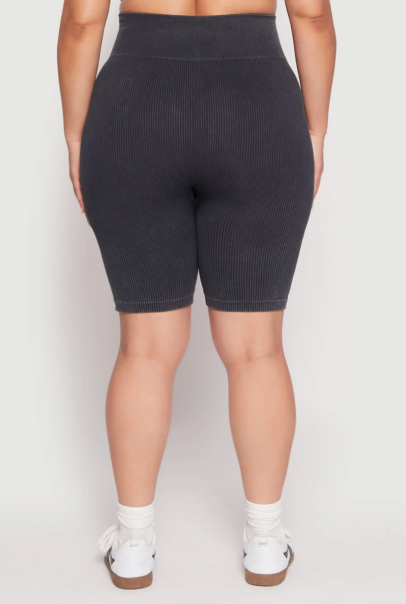 Womens Plus Seamless Mineral Wash Biker Shorts, Black,