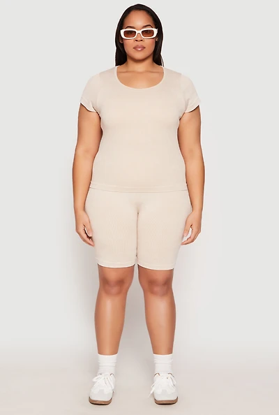 Womens Plus Size Seamless Mineral Wash Biker Shorts, Khaki, Size 1X-2X