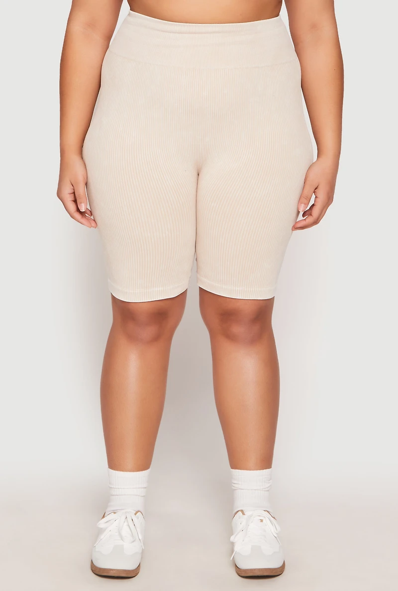 Womens Plus Size Seamless Mineral Wash Biker Shorts, Khaki, Size 1X-2X