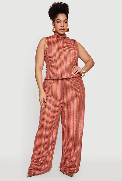Plus High Waisted Wide Leg Striped Casual Pants