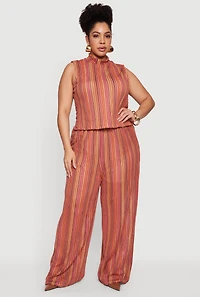 Plus High Waisted Wide Leg Striped Casual Pants