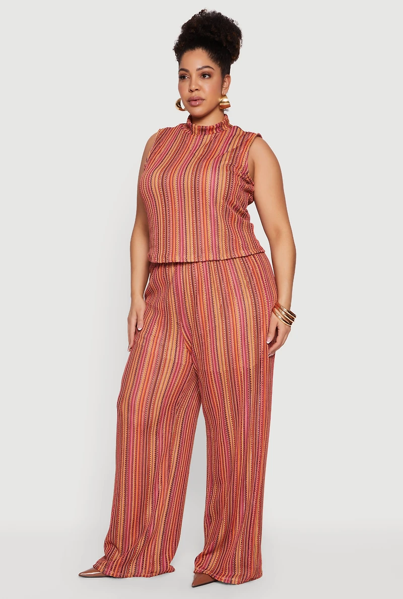 Plus High Waisted Wide Leg Striped Casual Pants