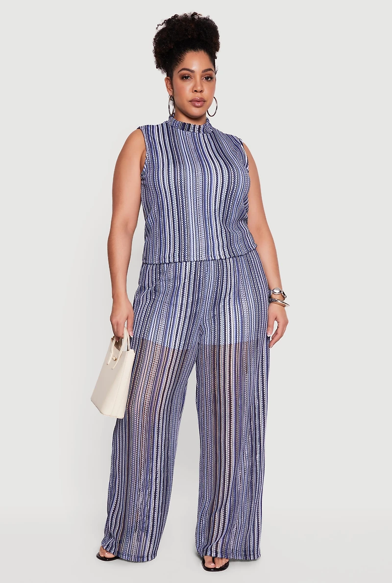 Plus Striped Pattern Sleeveless Mock Neck Top