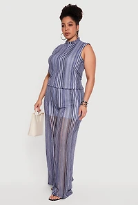 Plus Striped Pattern Sleeveless Mock Neck Top