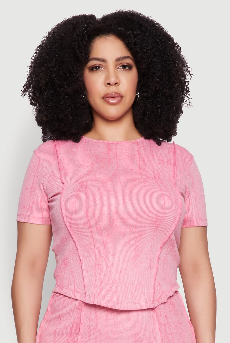 Womens Plus Size Mineral Wash Pintuck Short Sleeve Top, Pink, Size 1X