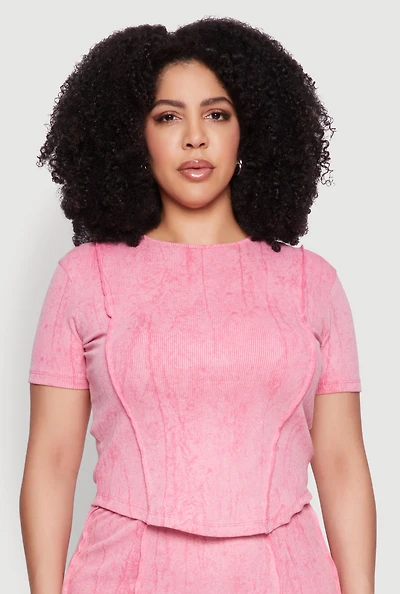 Womens Plus Size Mineral Wash Pintuck Short Sleeve Top, Pink, Size 1X