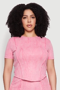 Womens Plus Size Mineral Wash Pintuck Short Sleeve Top, Pink, Size 1X