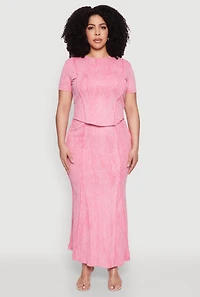 Womens Plus Size Mineral Wash Pintuck Short Sleeve Top, Pink, Size 1X