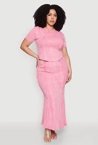 Womens Plus Size Mineral Wash Pintuck Short Sleeve Top, Pink, Size 1X