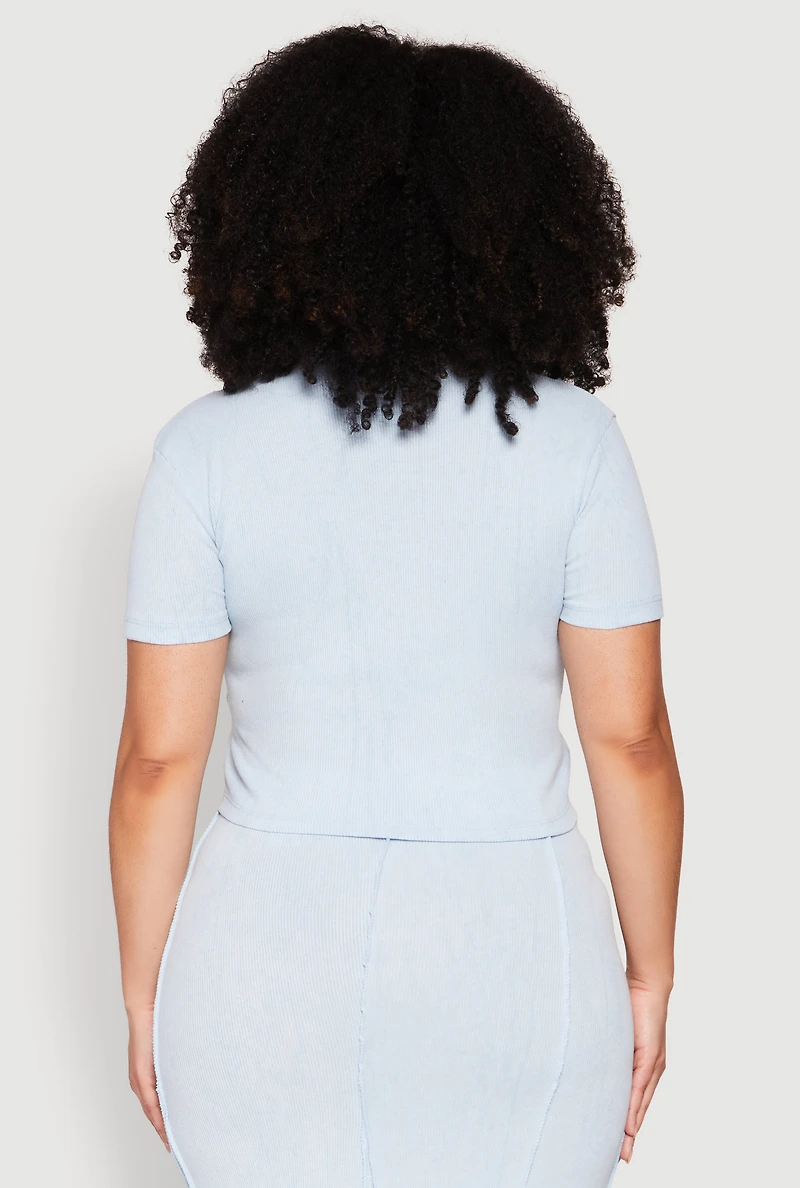 Womens Plus Mineral Wash Pintuck Short Sleeve Top, 2X