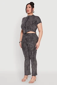 Womens Plus Size Mineral Wash Zip Front Top, Grey, Size 2X