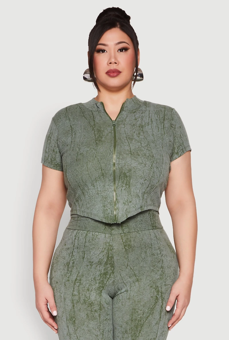 Womens Plus Size Mineral Wash Zip Front Top, Green, Size 1X
