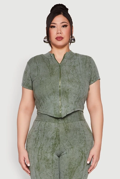 Womens Plus Size Mineral Wash Zip Front Top, Green, Size 1X