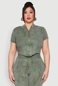 Womens Plus Size Mineral Wash Zip Front Top, Green, Size 1X