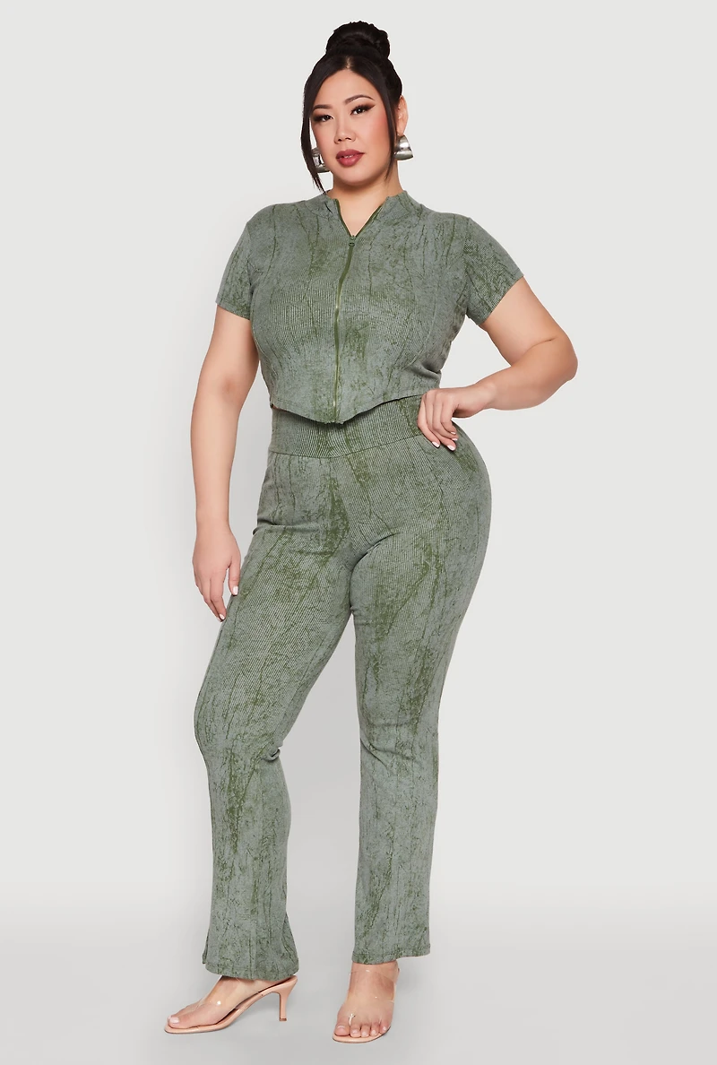 Womens Plus Size Mineral Wash Zip Front Top, Green, Size 1X
