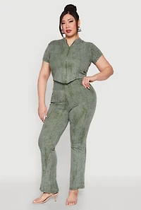 Womens Plus Size Mineral Wash Zip Front Top, Green, Size 1X