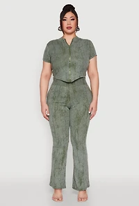 Womens Plus Size Mineral Wash Zip Front Top, Green, Size 1X