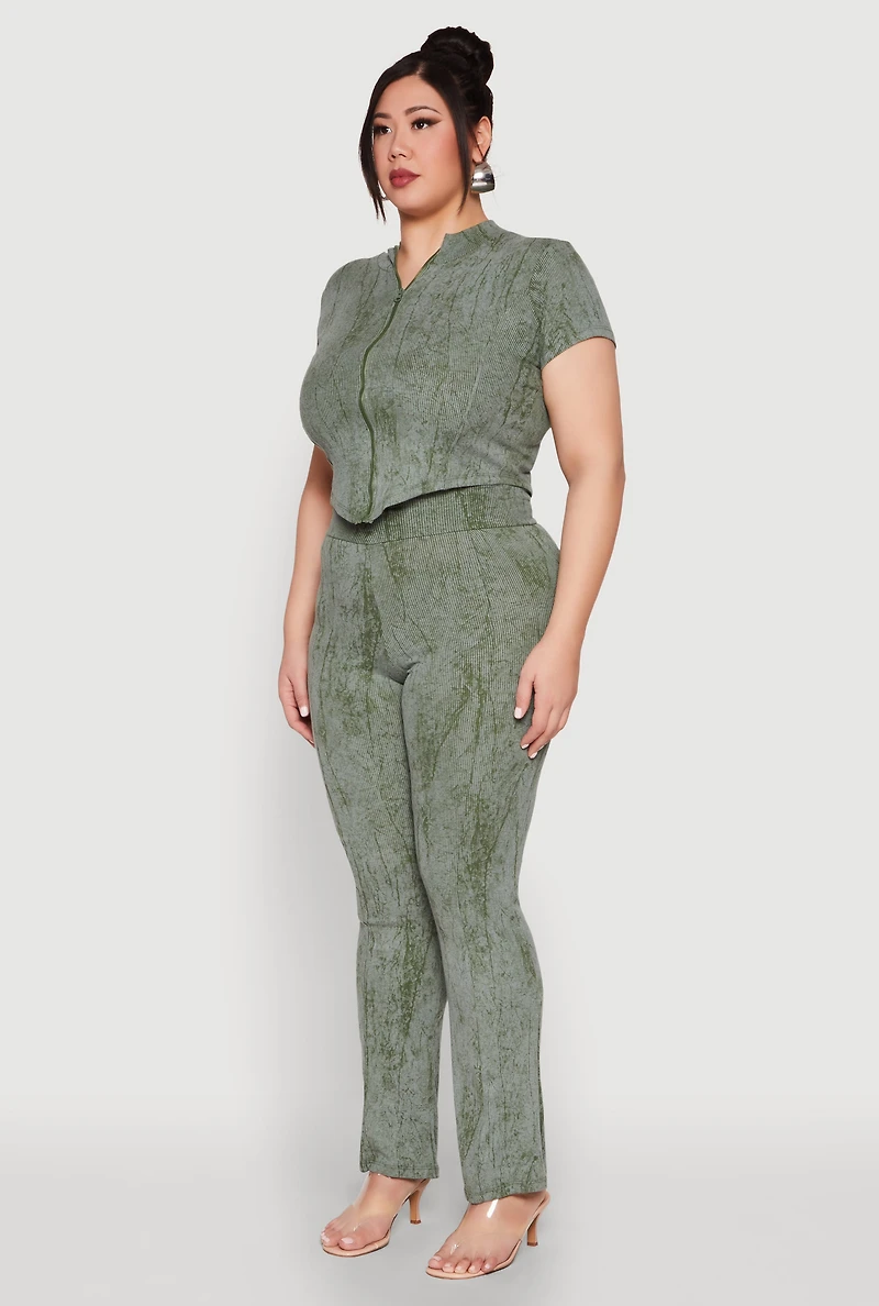 Womens Plus Size Mineral Wash Zip Front Top, Green, Size 1X