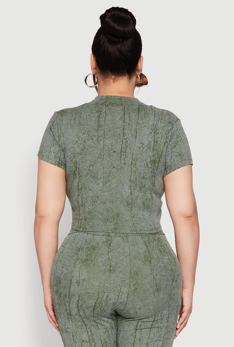 Womens Plus Size Mineral Wash Zip Front Top, Green, Size 1X