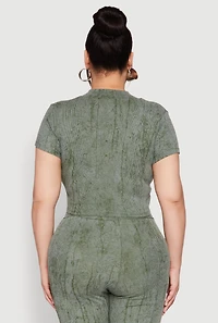 Womens Plus Size Mineral Wash Zip Front Top, Green, Size 1X