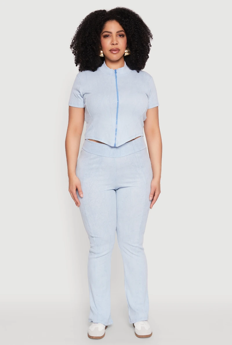 Womens Plus Size Mineral Wash Zip Front Top, Blue, Size 1X