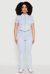 Womens Plus Size Mineral Wash Zip Front Top, Blue, Size 1X